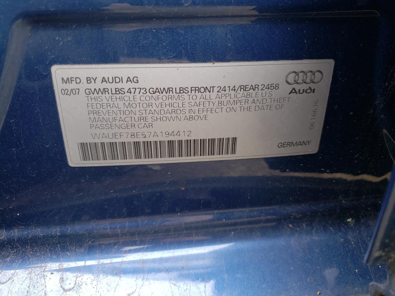 Photo 10 from auction – 2007 AUDI A4 S-LINE with VIN WAUEF78E57A194412