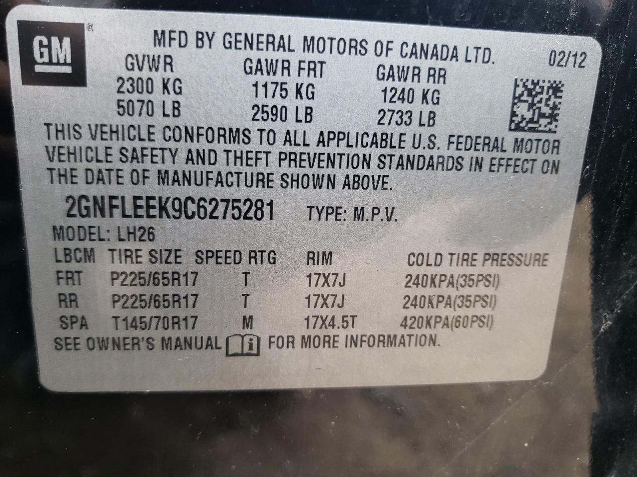 Photo 10 from auction – 2012 CHEVROLET EQUINOX LT with VIN 2GNFLEEK9C6275281