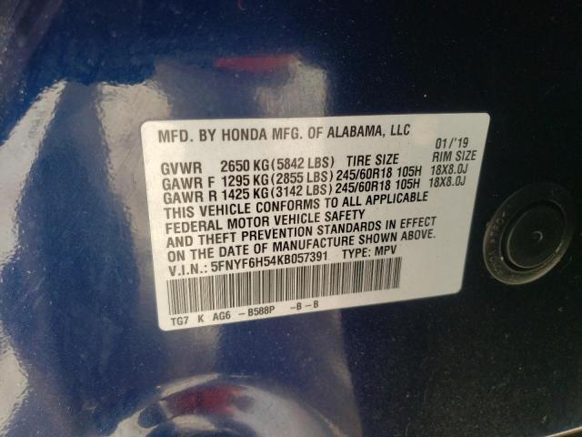 Photo 10 from auction – 2019 HONDA PILOT EXL with VIN 5FNYF6H54KB057391