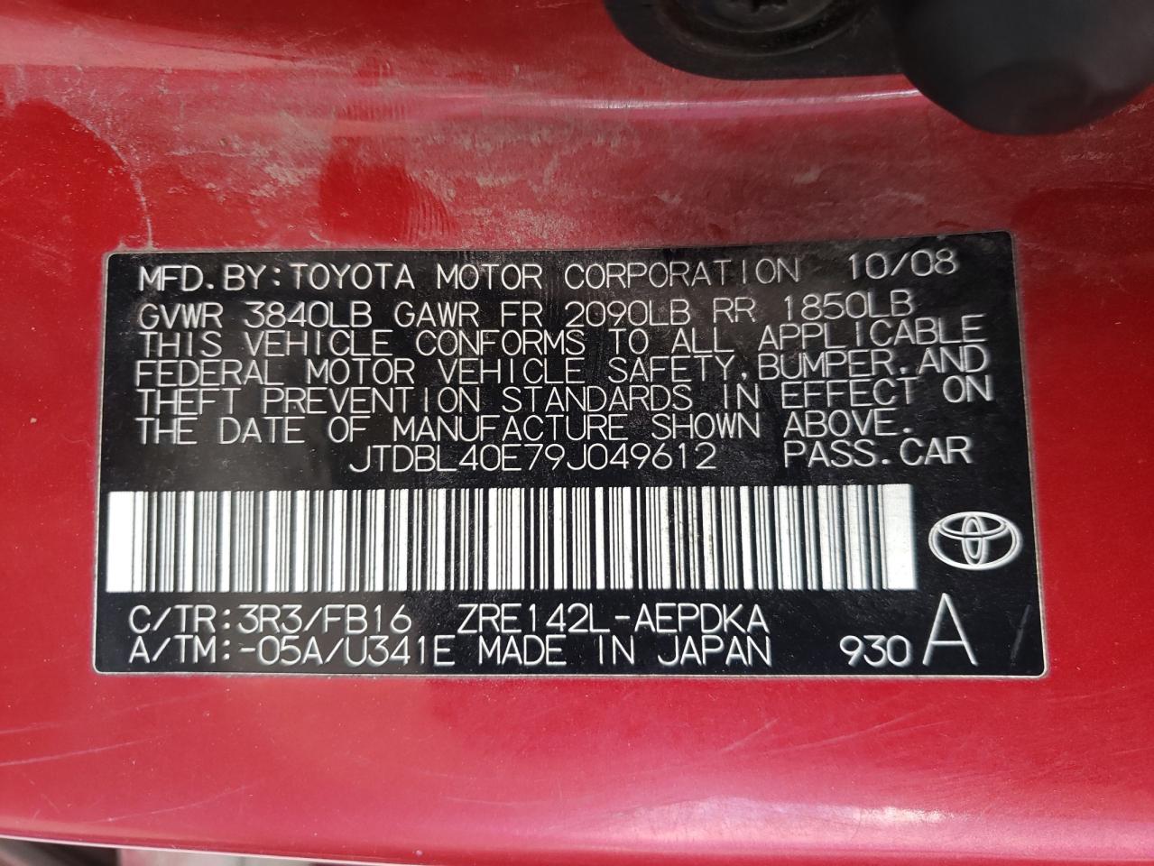 Photo 10 from auction – 2009 TOYOTA COROLLA BA with VIN JTDBL40E79J049612
