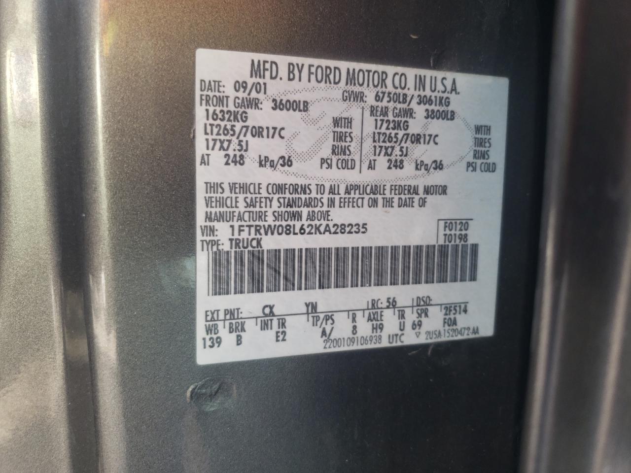 Photo 10 from auction – 2002 FORD F150 SUPER with VIN 1FTRW08L62KA28235
