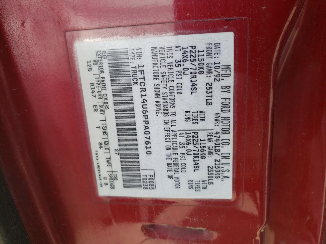 Photo 10 from auction – 1993 FORD RANGER SUP with VIN 1FTCR14U6PPA07610