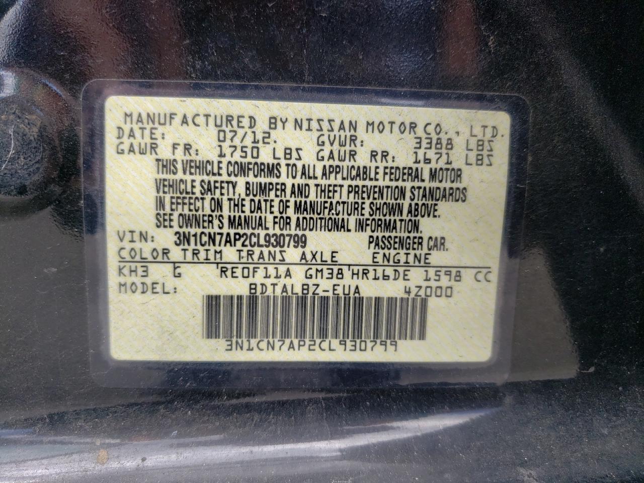 Photo 10 from auction – 2012 NISSAN VERSA S with VIN 3N1CN7AP2CL930799