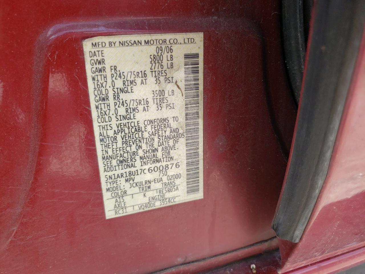 Photo 10 from auction – 2007 NISSAN PATHFINDER with VIN 5N1AR18U17C600876