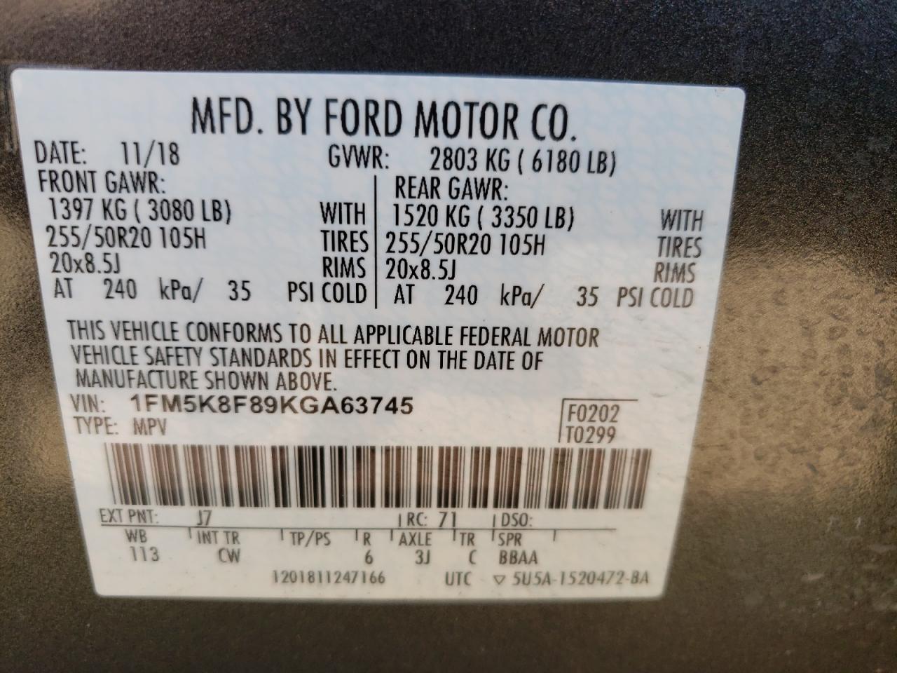 Photo 10 from auction – 2019 FORD EXPLORER L with VIN 1FM5K8F89KGA63745
