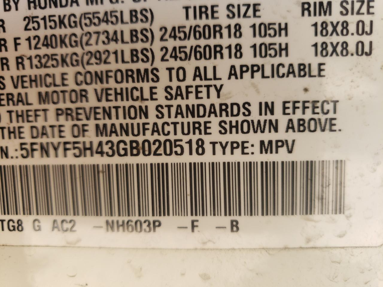 Photo 11 from auction – 2016 HONDA PILOT EX with VIN 5FNYF5H43GB020518