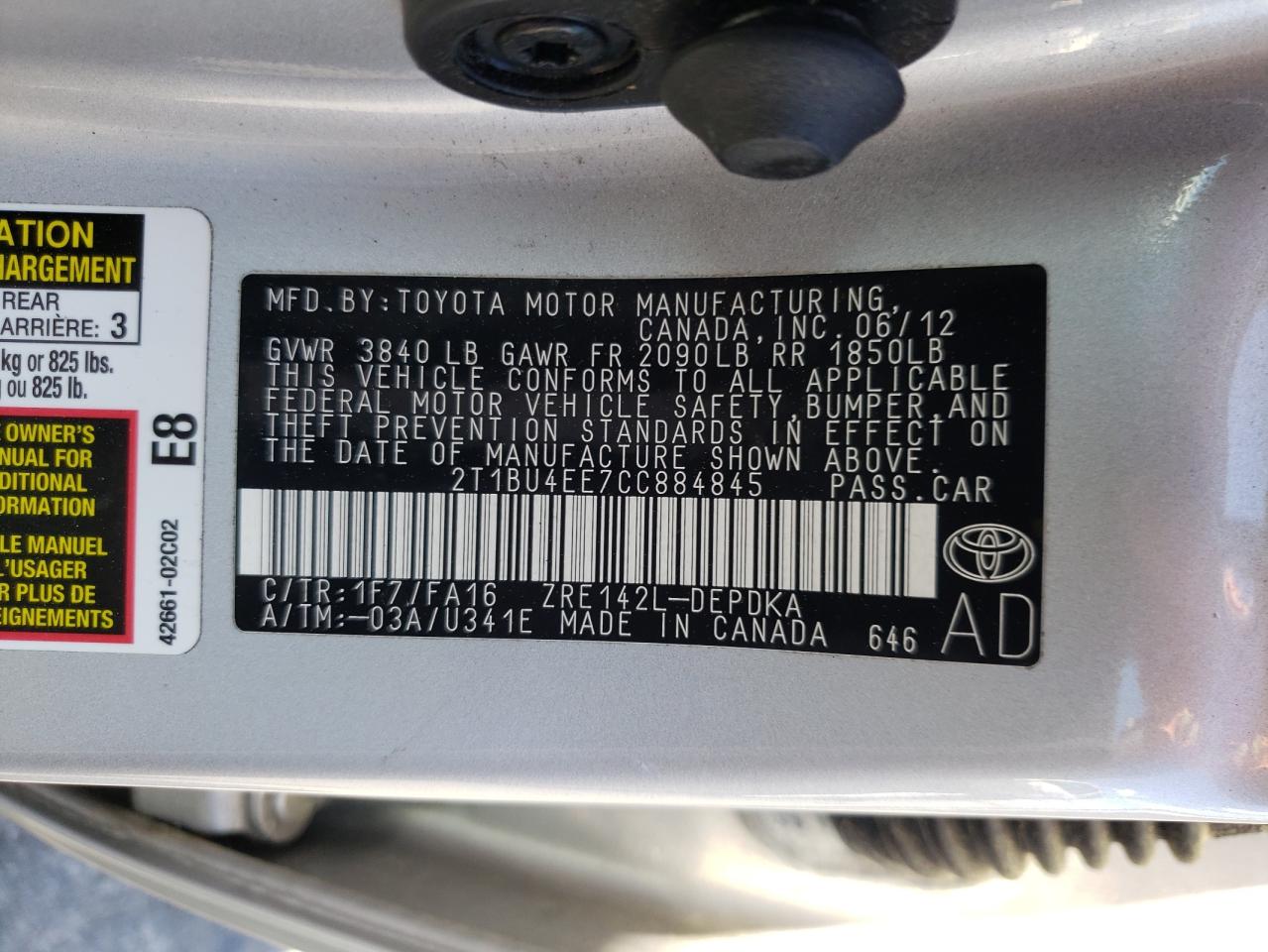 Photo 10 from auction – 2012 TOYOTA COROLLA BA with VIN 2T1BU4EE7CC884845