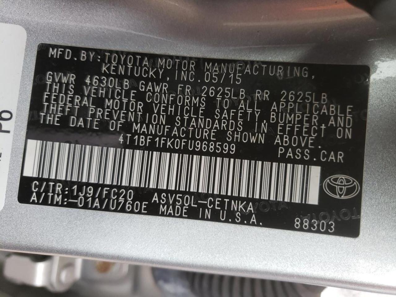 Photo 10 from auction – 2015 TOYOTA CAMRY LE with VIN 4T1BF1FK0FU968599