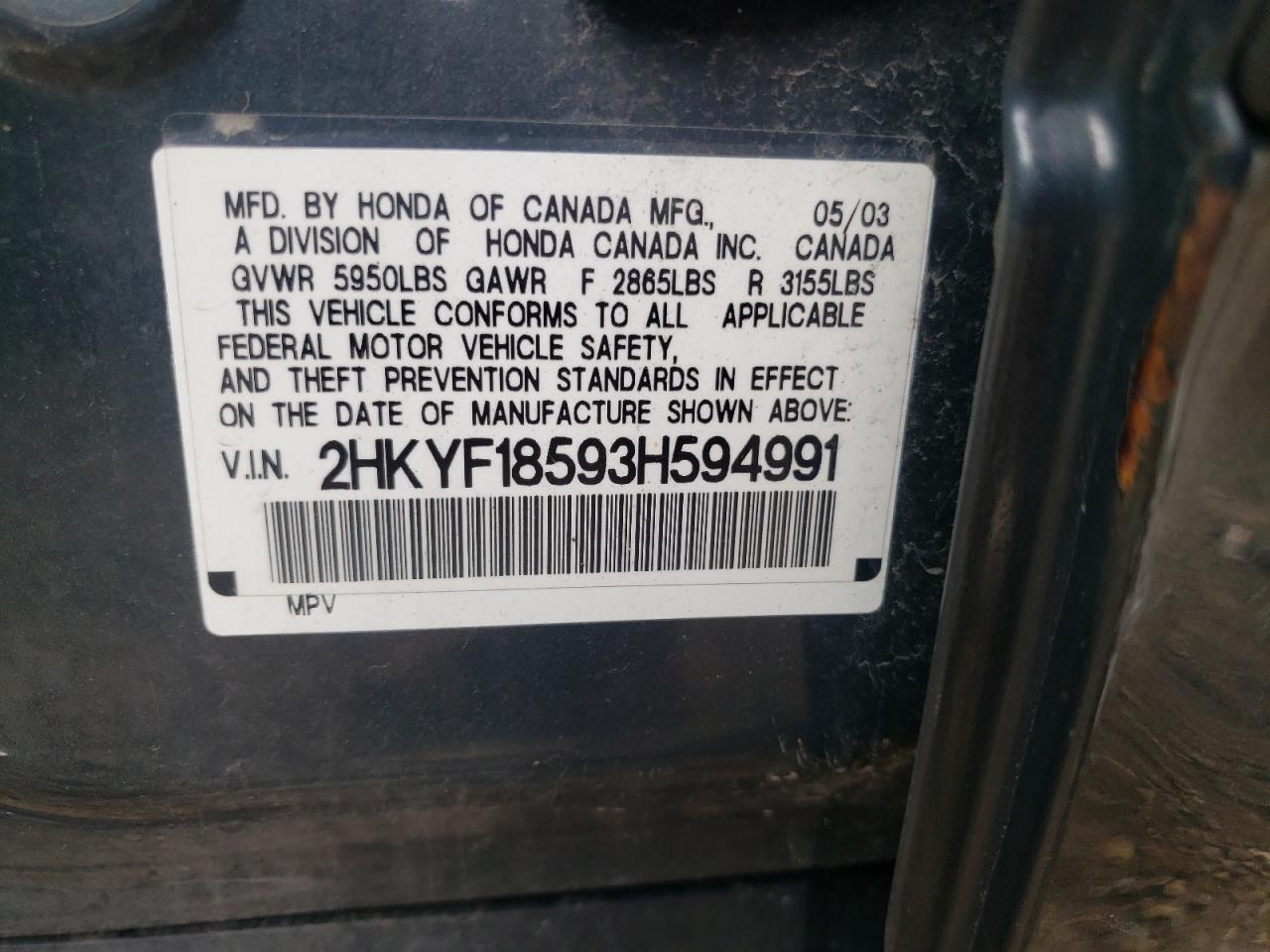 Photo 10 from auction – 2003 HONDA PILOT EXL with VIN 2HKYF18593H594991