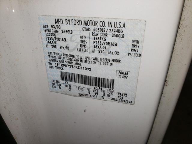 Photo 10 from auction – 2003 FORD F150 with VIN 1FTRF07293KD11092