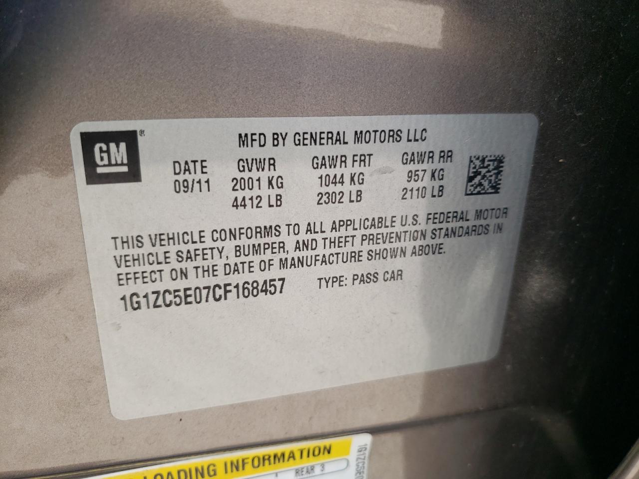 Photo 10 from auction – 2012 CHEVROLET MALIBU 1LT with VIN 1G1ZC5E07CF168457