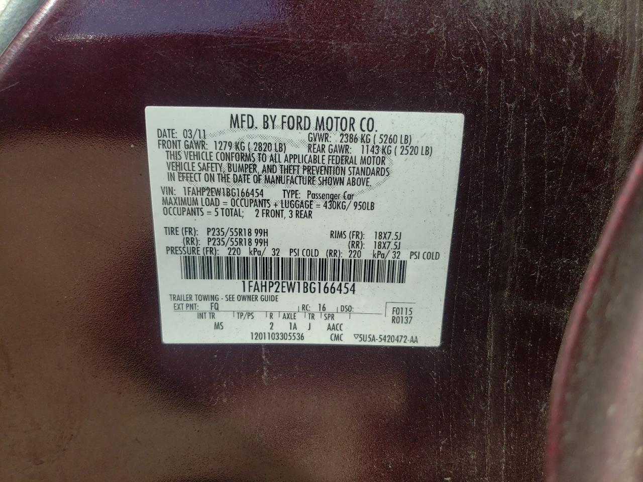 Photo 10 from auction – 2011 FORD TAURUS SEL with VIN 1FAHP2EW1BG166454