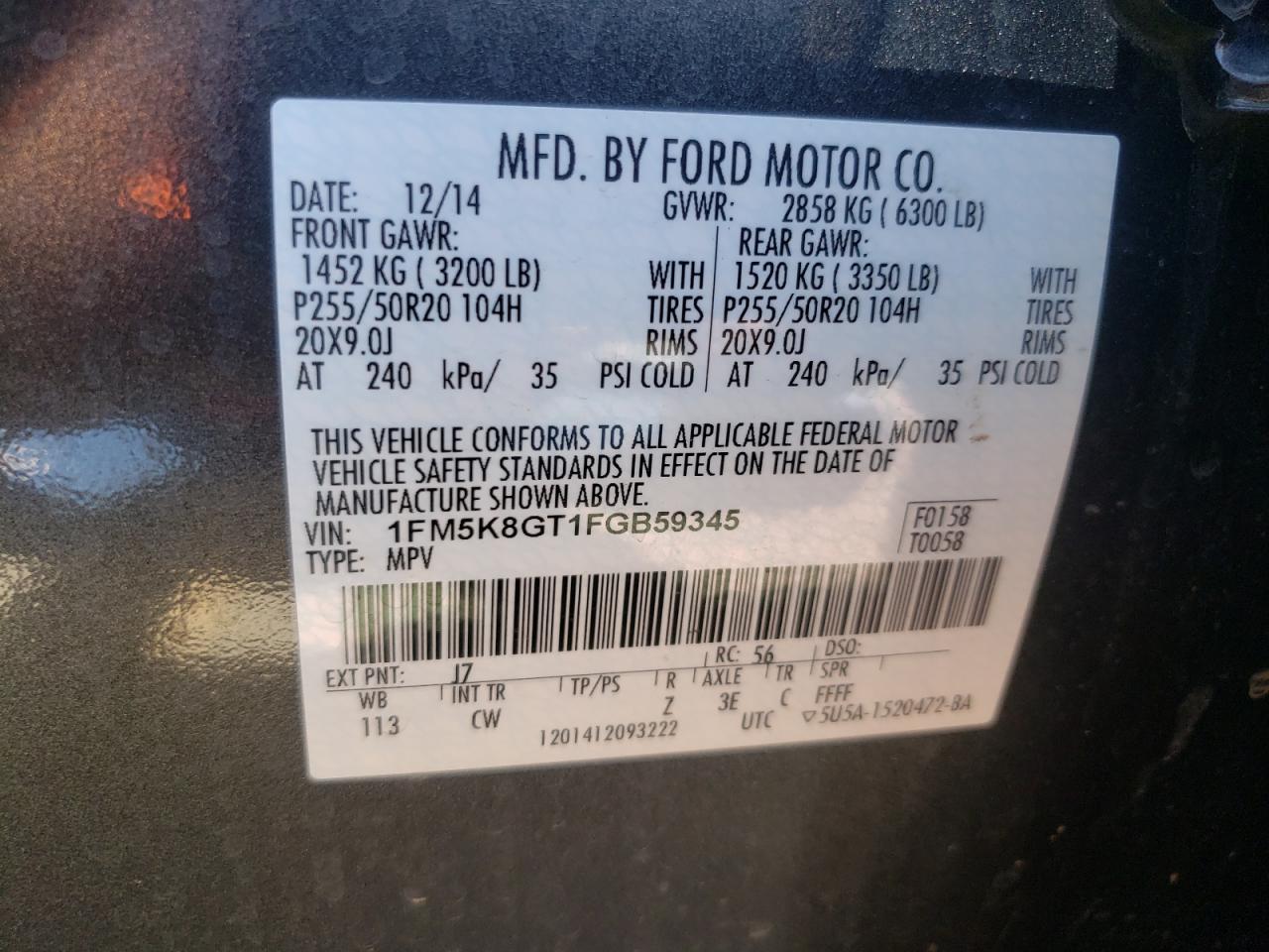 Photo 10 from auction – 2015 FORD EXPLORER S with VIN 1FM5K8GT1FGB59345