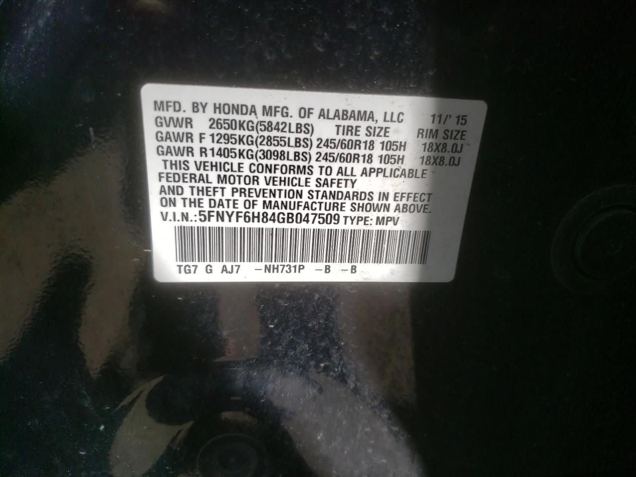 Photo 10 from auction – 2016 HONDA PILOT EXL with VIN 5FNYF6H84GB047509