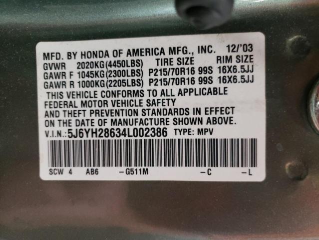 HONDA ELEMENT EX 2004 with VIN 5J6YH28634L002386 - Photo from auction