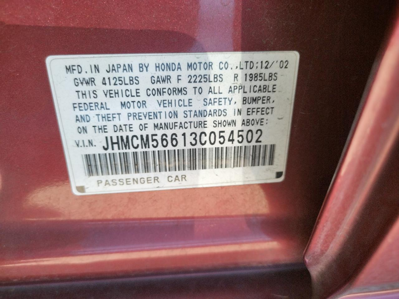 Photo 10 from auction – 2003 HONDA ACCORD EX with VIN JHMCM56613C054502