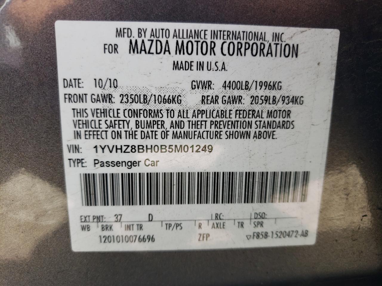Photo 10 from auction – 2011 MAZDA 6 I with VIN 1YVHZ8BH0B5M01249