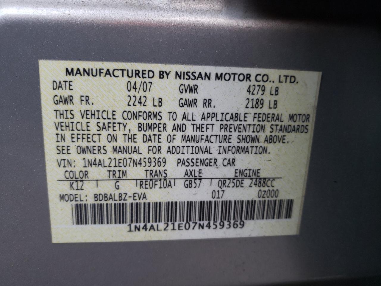 Photo 10 from auction – 2007 NISSAN ALTIMA 2.5 with VIN 1N4AL21E07N459369