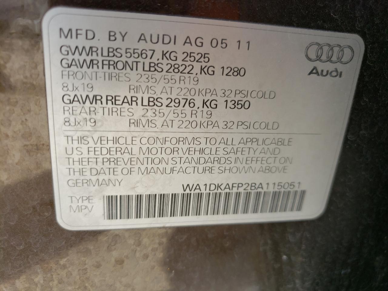 Photo 10 from auction – 2011 AUDI Q5 PREMIUM with VIN WA1DKAFP2BA115051