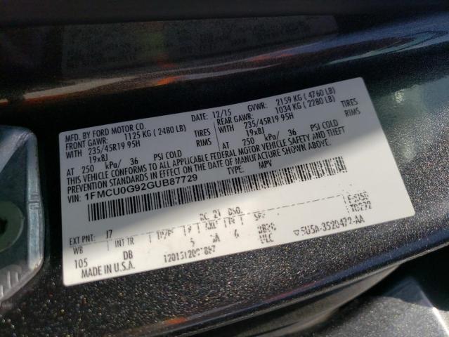 Photo 10 from auction – 2016 FORD ESCAPE SE with VIN 1FMCU0G92GUB87729