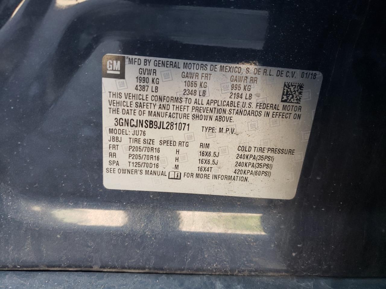 Photo 10 from auction – 2018 CHEVROLET TRAX LS with VIN 3GNCJNSB9JL281071