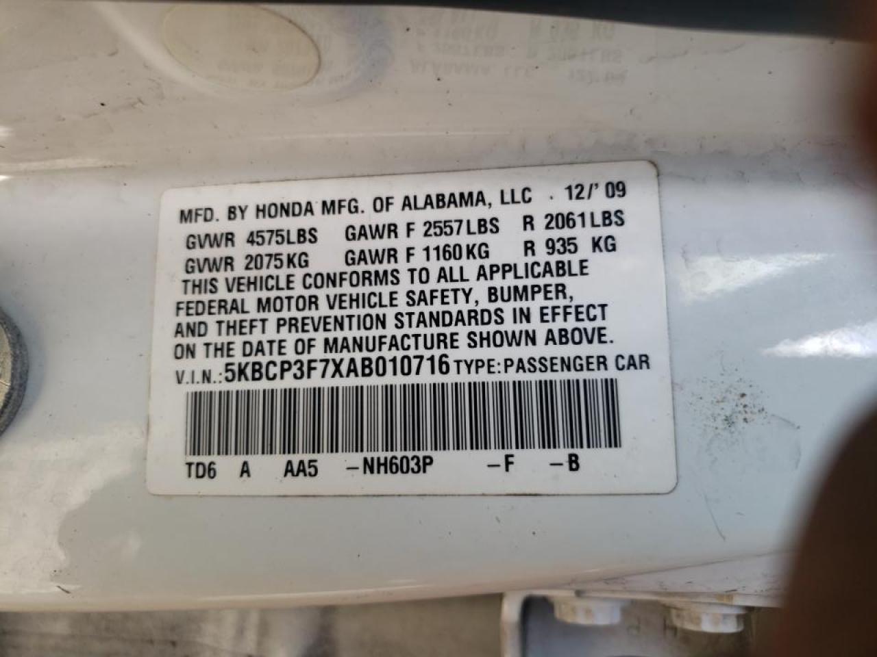 Photo 10 from auction – 2010 HONDA ACCORD EX with VIN 5KBCP3F7XAB010716