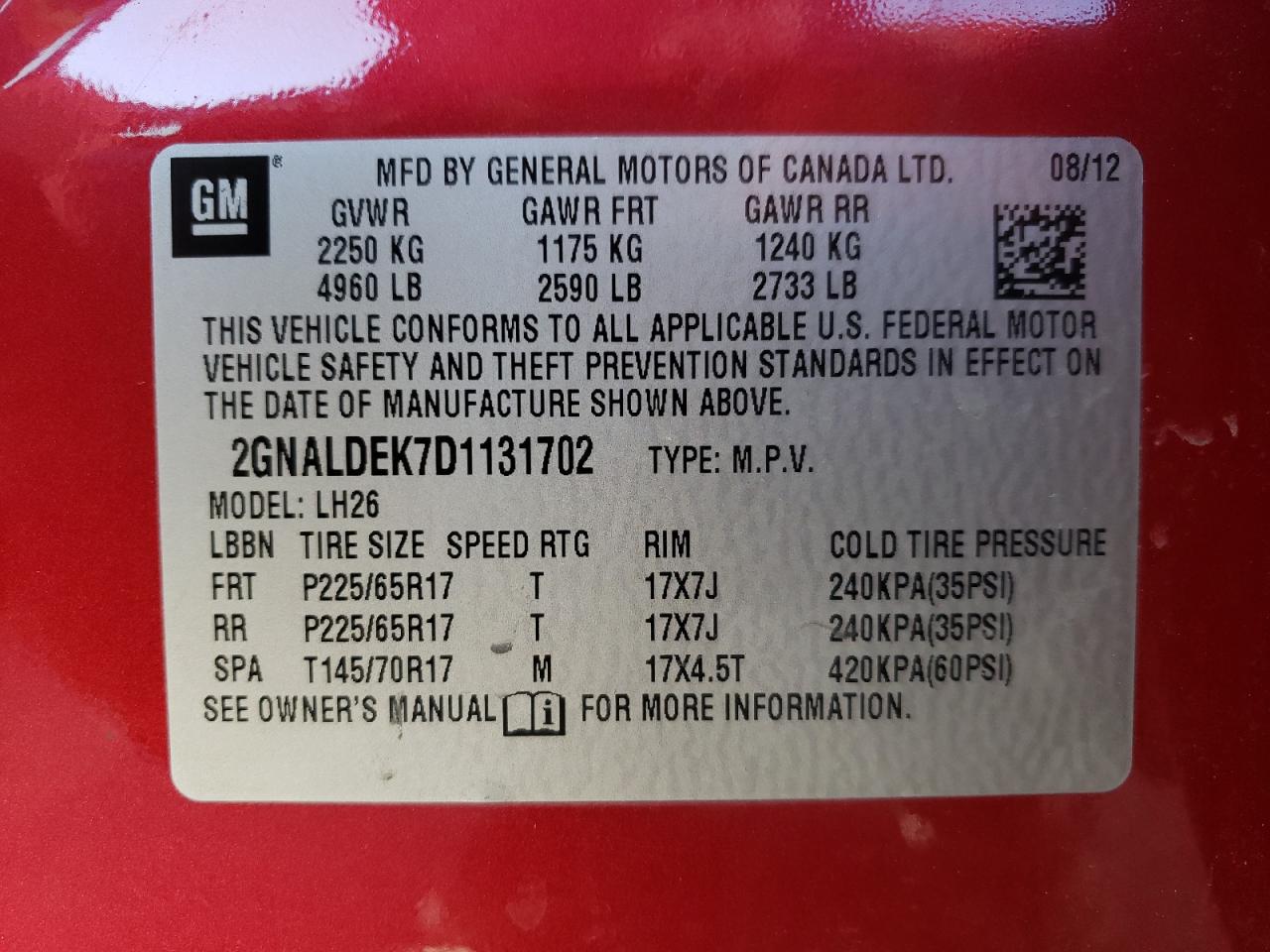 Photo 10 from auction – 2013 CHEVROLET EQUINOX LT with VIN 2GNALDEK7D1131702
