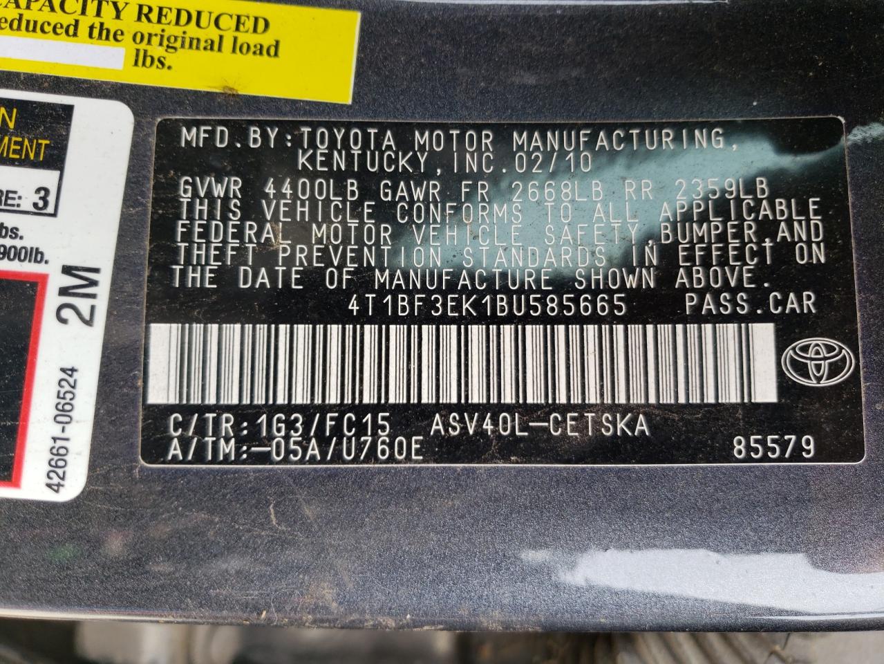 Photo 10 from auction – 2011 TOYOTA CAMRY BASE with VIN 4T1BF3EK1BU585665