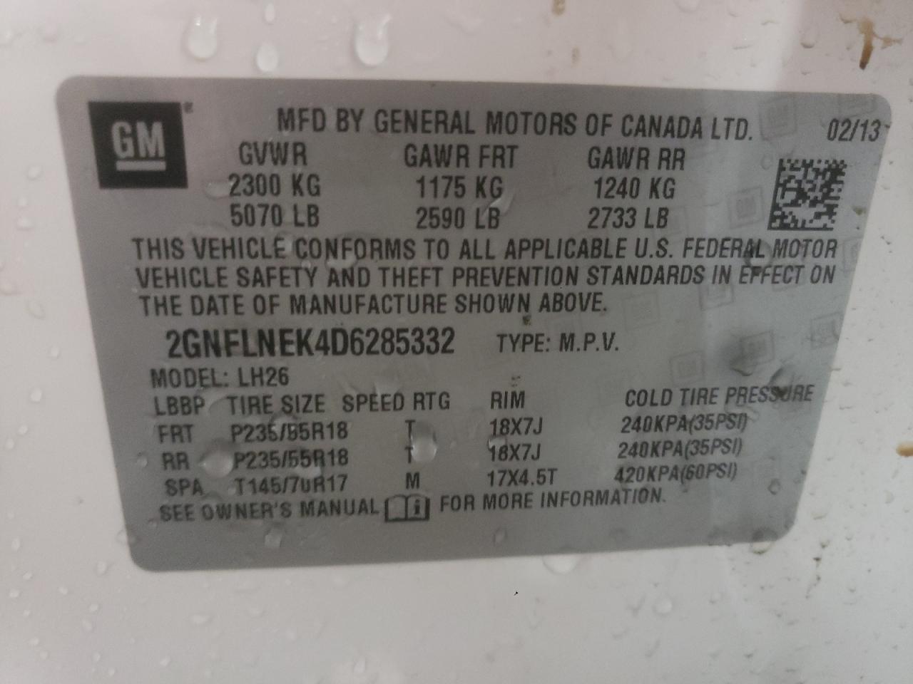 Photo 10 from auction – 2013 CHEVROLET EQUINOX LT with VIN 2GNFLNEK4D6285332