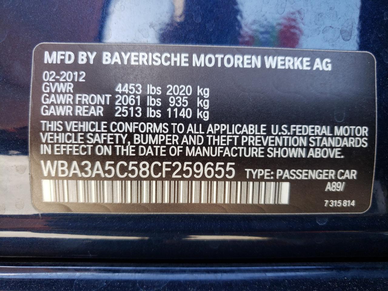 Photo 10 from auction – 2012 BMW 328 I with VIN WBA3A5C58CF259655
