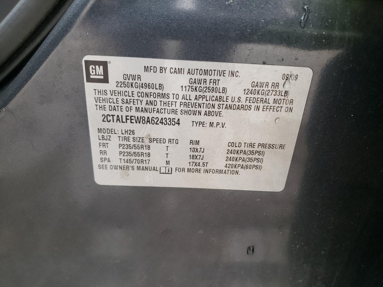 Photo 10 from auction – 2010 GMC TERRAIN SL with VIN 2CTALFEW8A6243354