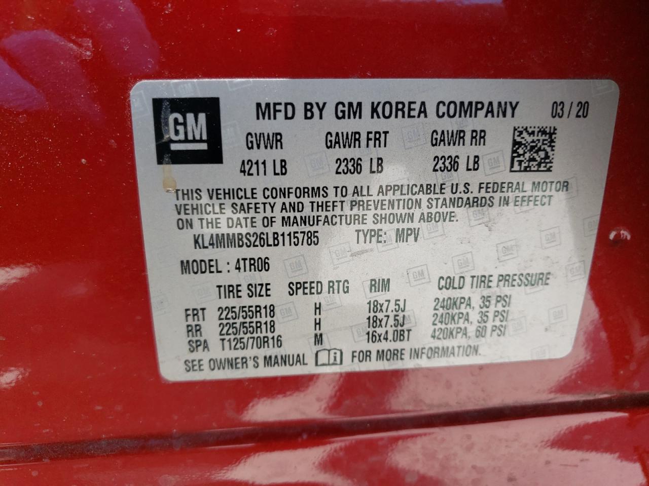 Photo 10 from auction – 2020 BUICK ENCORE GX with VIN KL4MMBS26LB115785