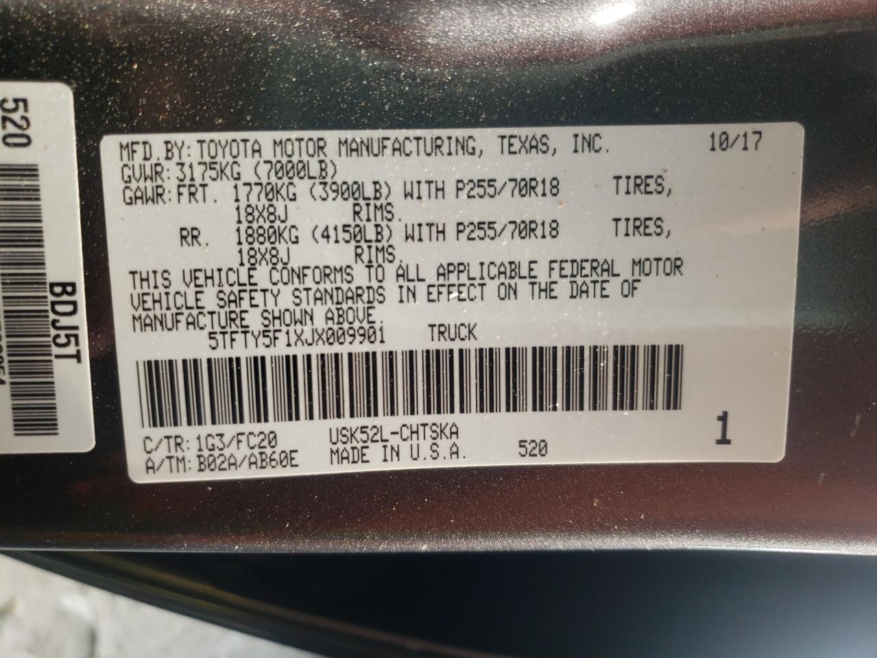 Photo 10 from auction – 2018 TOYOTA TUNDRA DOU with VIN 5TFTY5F1XJX009901