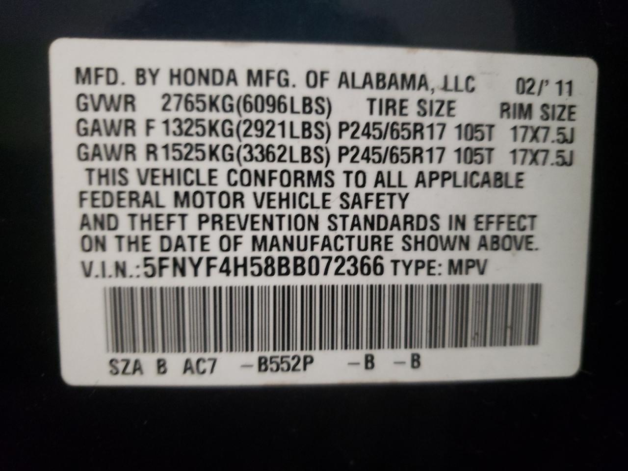 Photo 10 from auction – 2011 HONDA PILOT EXL with VIN 5FNYF4H58BB072366
