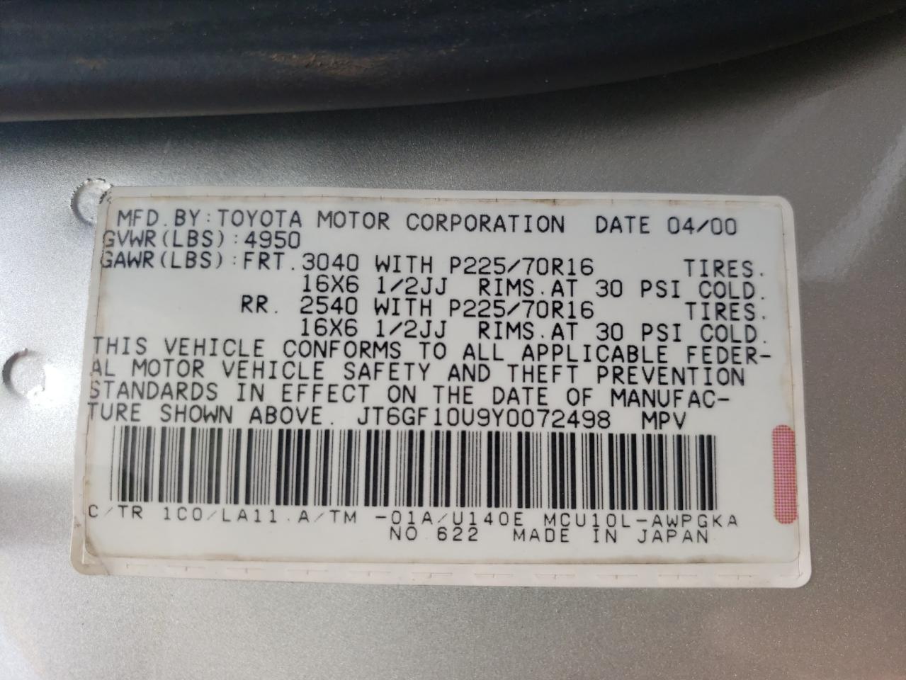 Photo 10 from auction – 2000 LEXUS RX 300 with VIN JT6GF10U9Y0072498