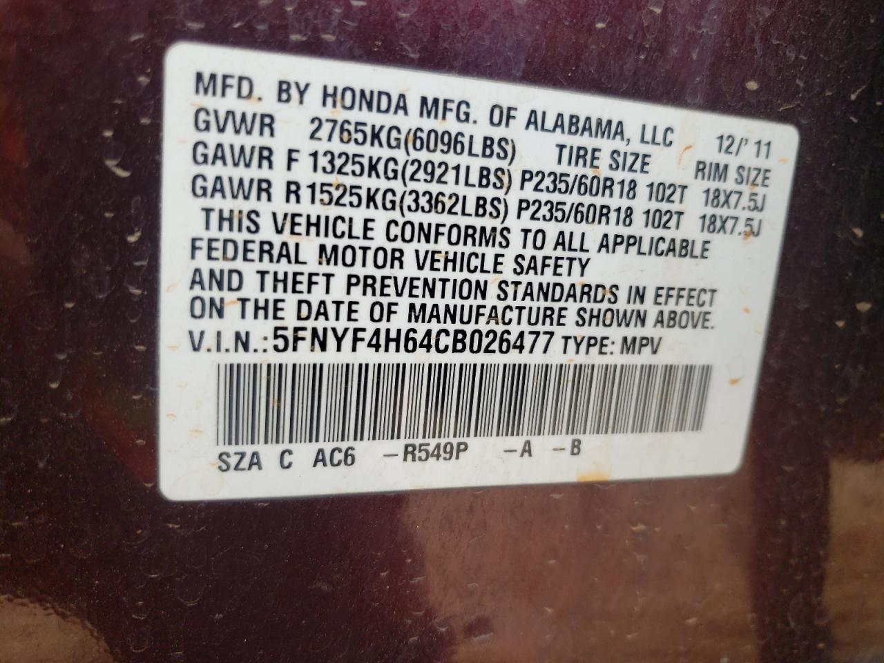 Photo 10 from auction – 2012 HONDA PILOT EXL with VIN 5FNYF4H64CB026477
