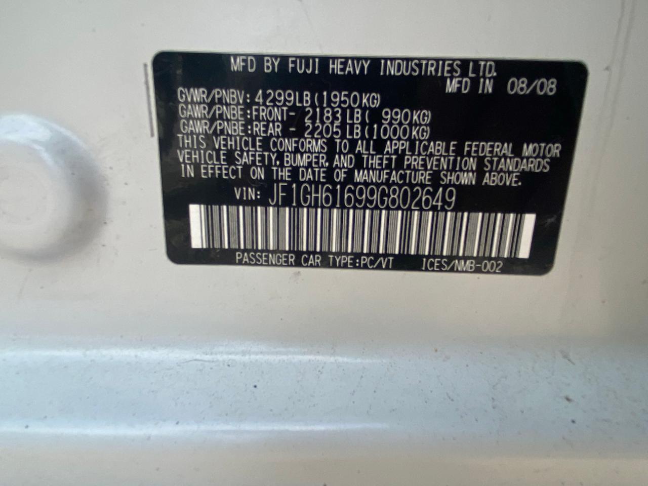 Photo 10 from auction – 2009 SUBARU IMPREZA 2. with VIN JF1GH61699G802649