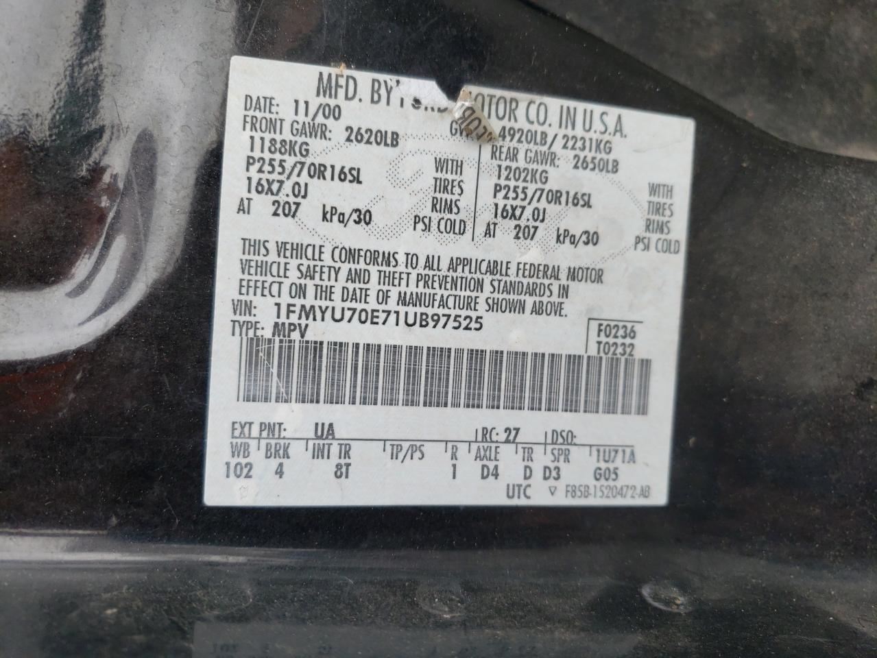 Photo 10 from auction – 2001 FORD EXPLORER S with VIN 1FMYU70E71UB97525
