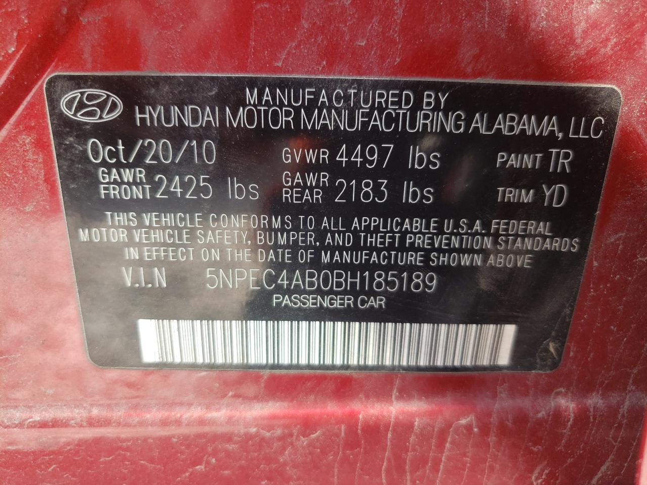 Photo 10 from auction – 2011 HYUNDAI SONATA SE with VIN 5NPEC4AB0BH185189