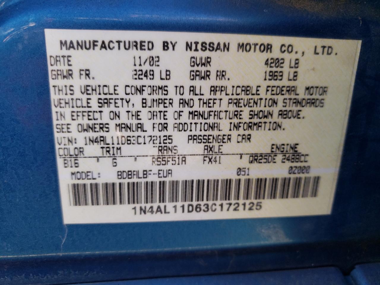 Photo 10 from auction – 2003 NISSAN ALTIMA BAS with VIN 1N4AL11D63C172125