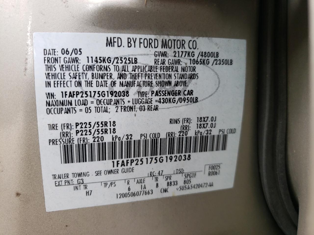 Photo 10 from auction – 2005 FORD FIVE HUNDR with VIN 1FAFP25175G192038