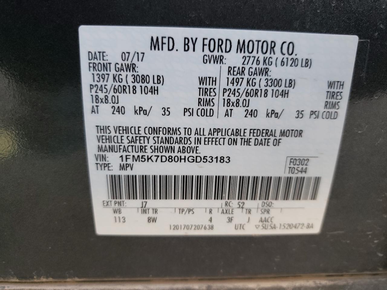 Photo 10 from auction – 2017 FORD EXPLORER X with VIN 1FM5K7D80HGD53183