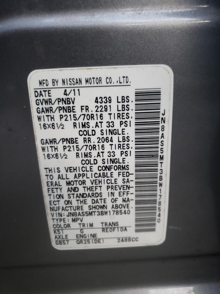 Photo 10 from auction – 2011 NISSAN ROGUE S with VIN JN8AS5MT3BW178540