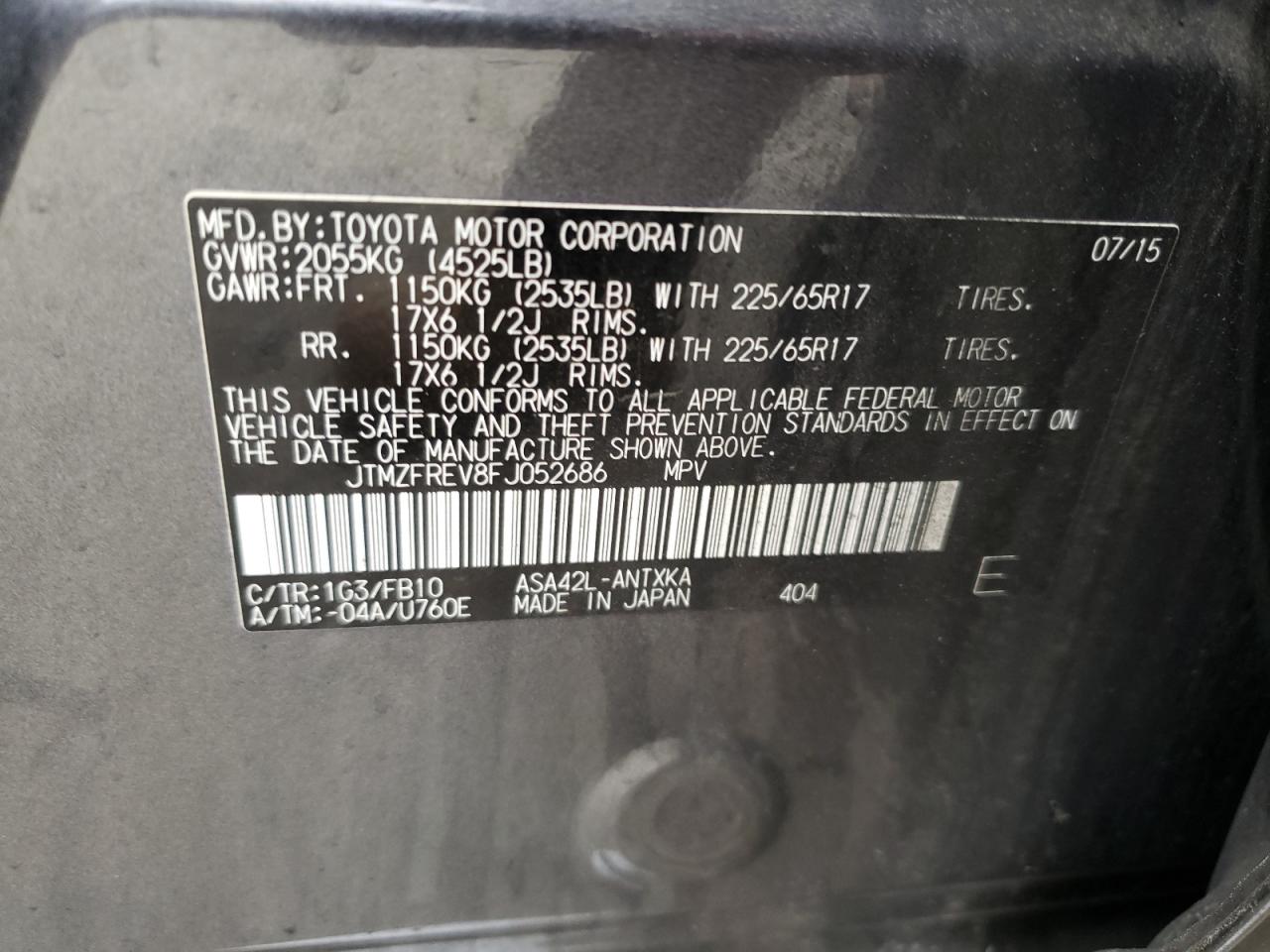 Photo 10 from auction – 2015 TOYOTA RAV4 LE with VIN JTMZFREV8FJ052686