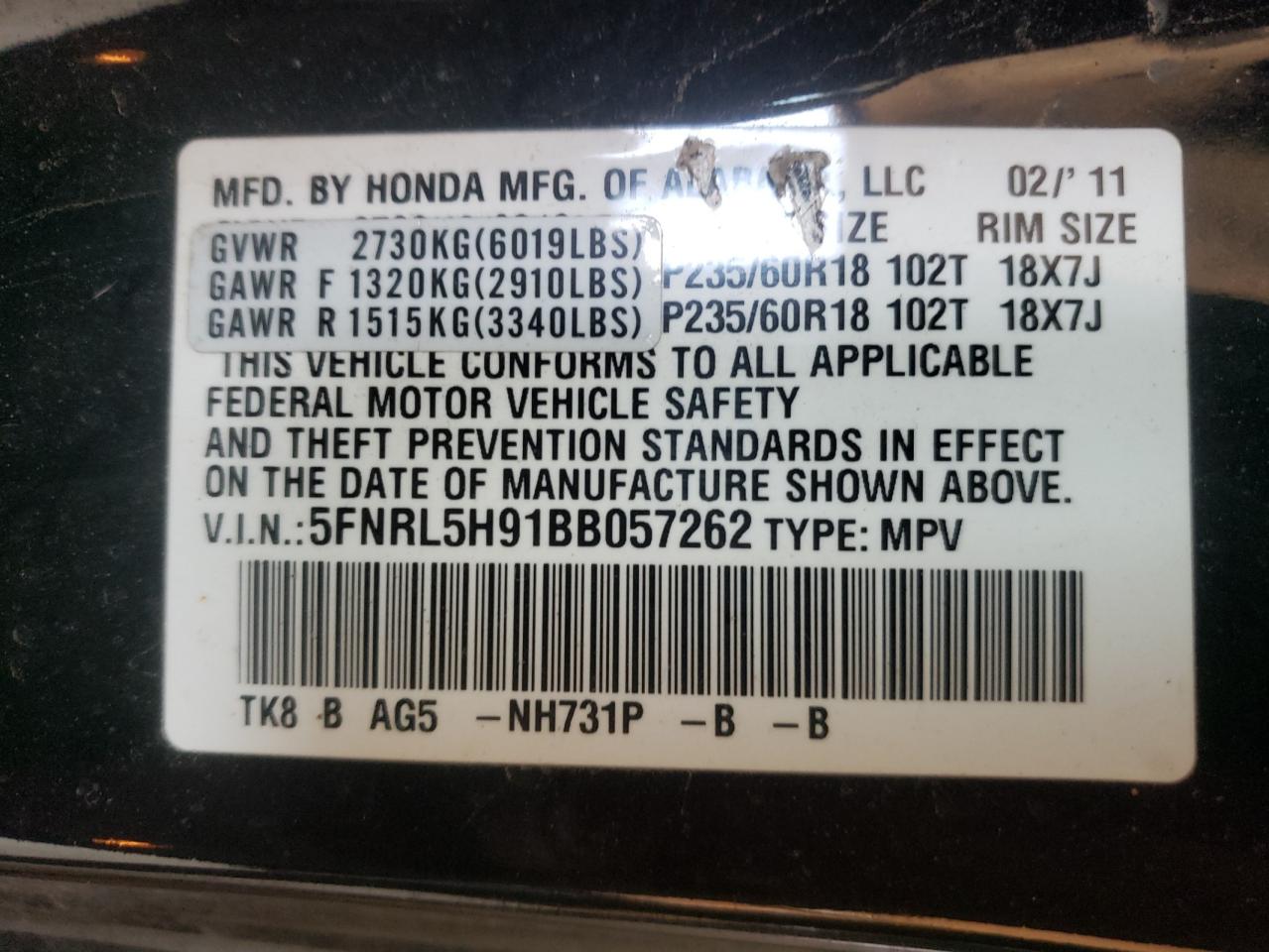 Photo 10 from auction – 2011 HONDA ODYSSEY TO with VIN 5FNRL5H91BB057262