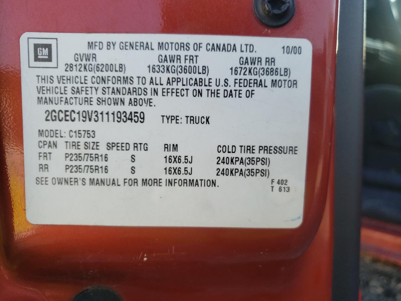 Photo 10 from auction – 2001 CHEVROLET SILVERADO with VIN 2GCEC19V311193459