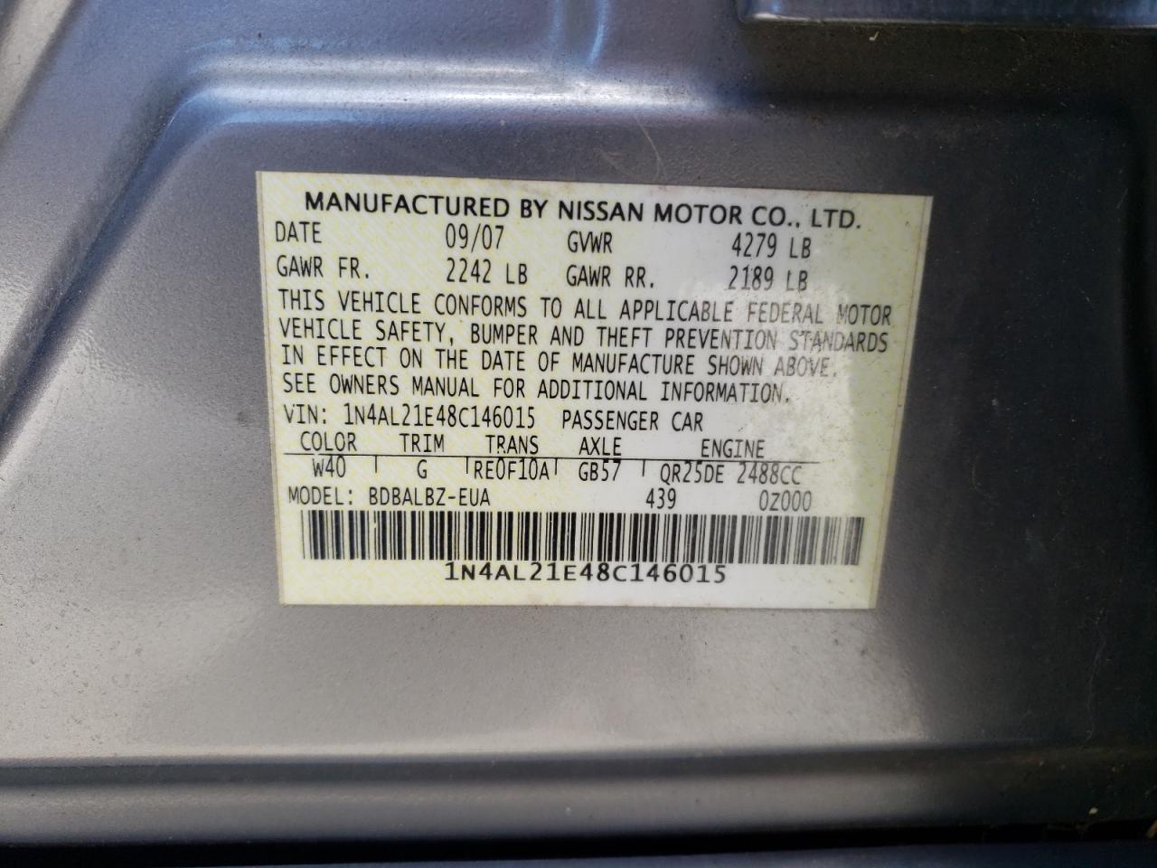 Photo 10 from auction – 2008 NISSAN ALTIMA 2.5 with VIN 1N4AL21E48C146015