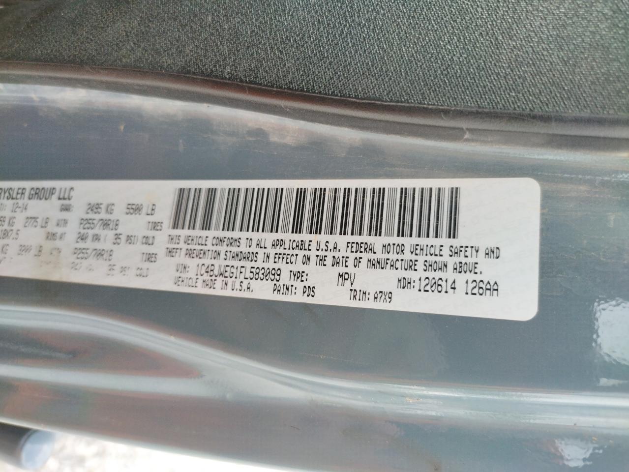 Photo 10 from auction – 2015 JEEP WRANGLER U with VIN 1C4BJWEG1FL583099