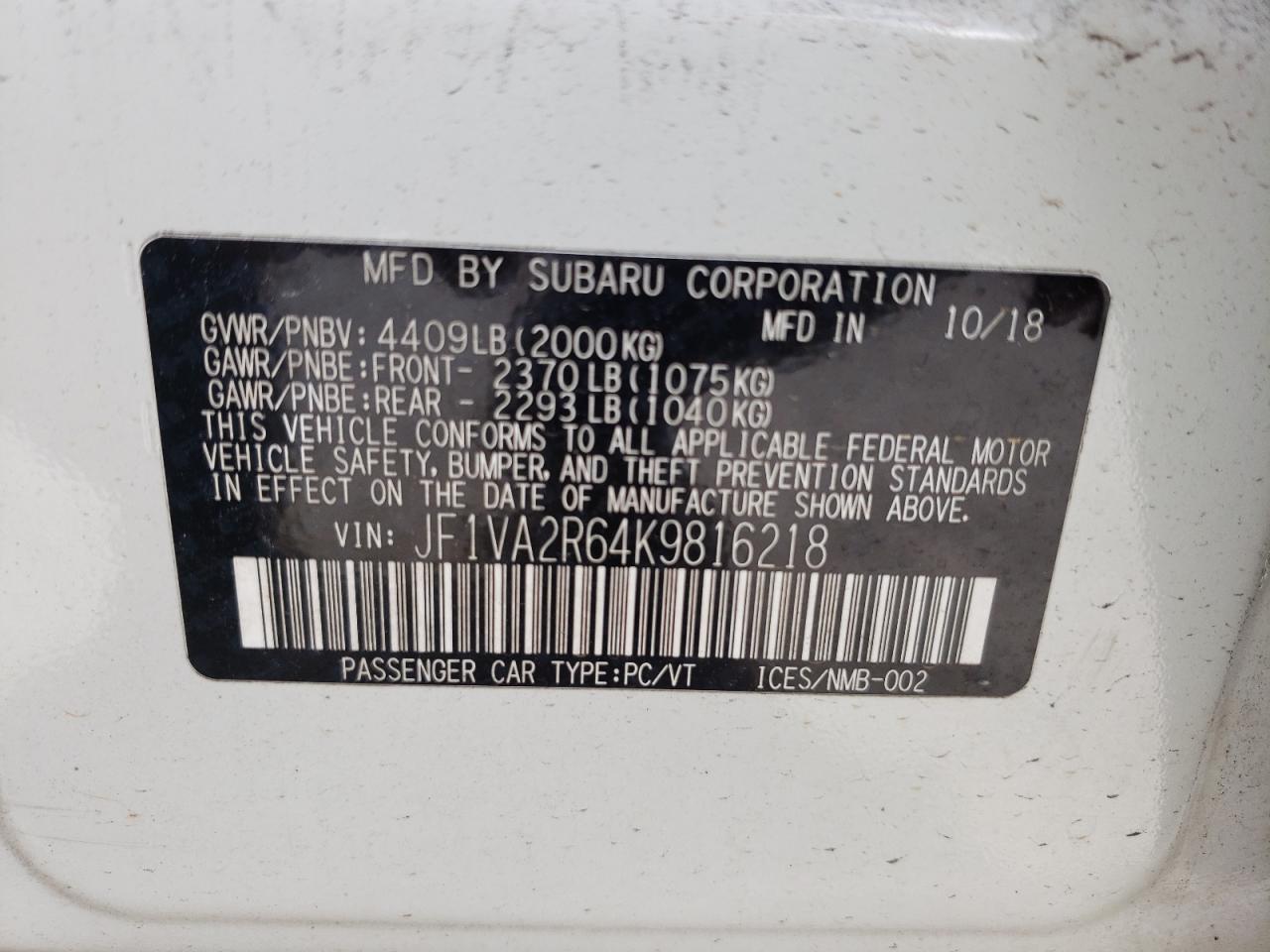 Photo 10 from auction – 2019 SUBARU WRX STI with VIN JF1VA2R64K9816218