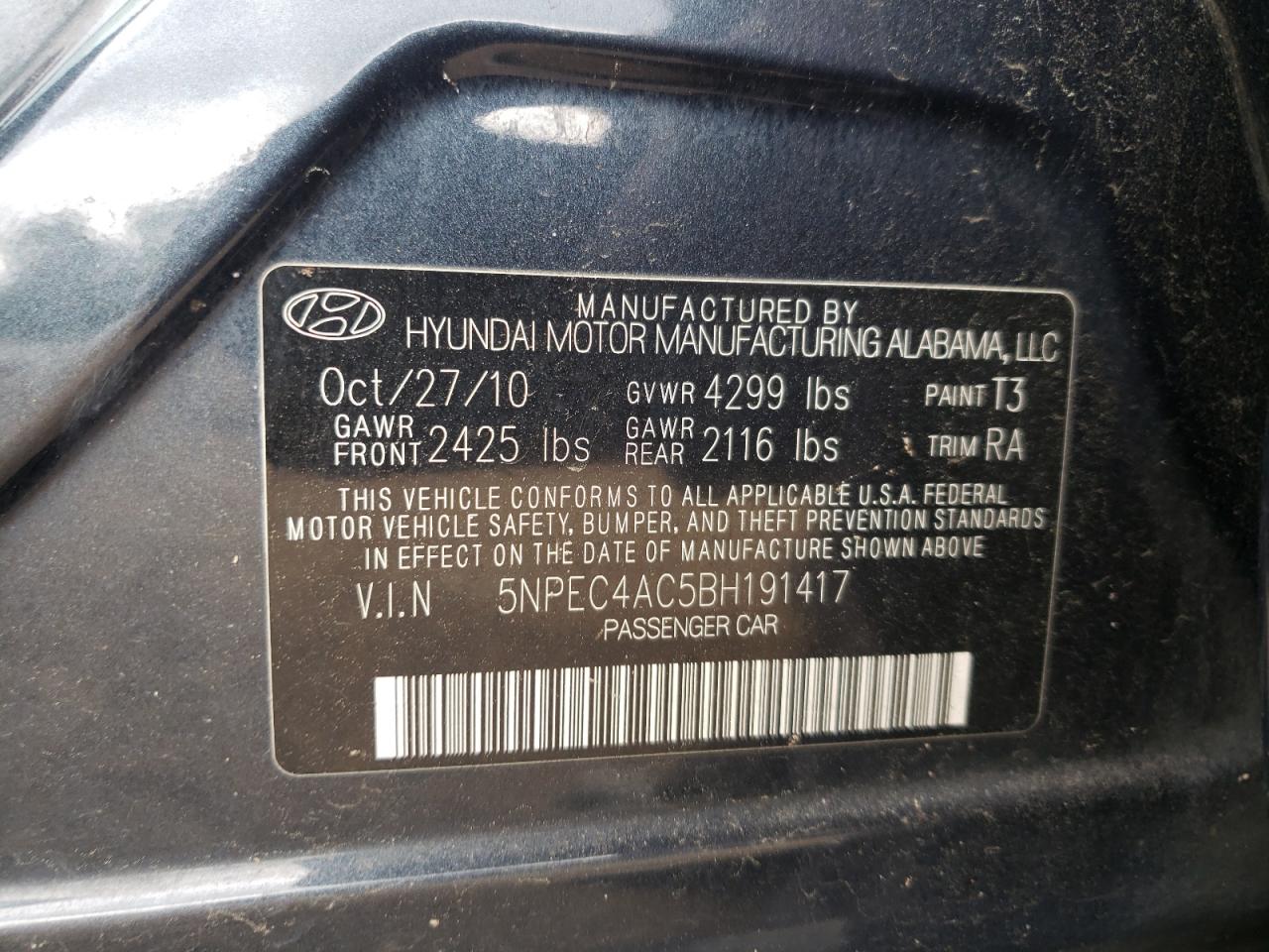 Photo 10 from auction – 2011 HYUNDAI SONATA SE with VIN 5NPEC4AC5BH191417